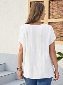 EMERY ROSE Áo sơ mi Plus Size Tương phản ren Thắt nút màu trơn Giải trí - trắng - Xem 2