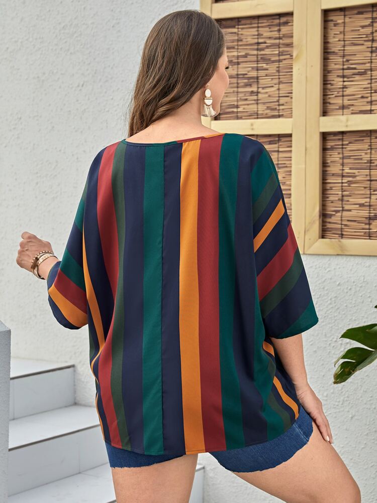 Plus Striped Print Batwing Sleeve Blouse,Flower/Spring/Summer/Vacation