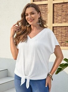 EMERY ROSE Áo sơ mi Plus Size Tương phản ren Thắt nút màu trơn Giải trí - trắng - Xem 6