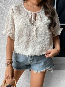 SHEIN LUNE Plus Tie Front Flounce Sleeve Fuzzy Blouse - Apricot - View 1