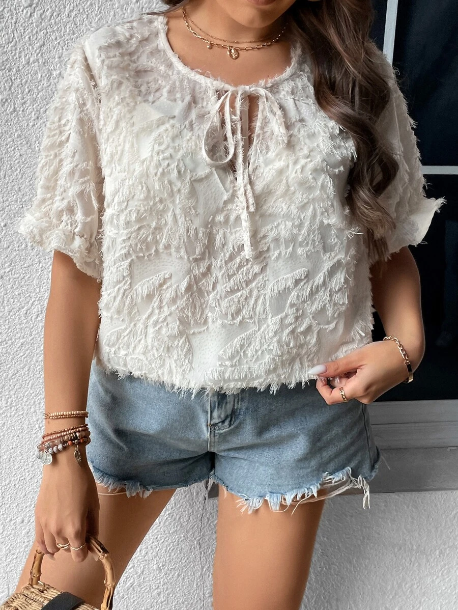 SHEIN LUNE Plus Tie Front Flounce Sleeve Fuzzy Blouse - Apricot - View 1