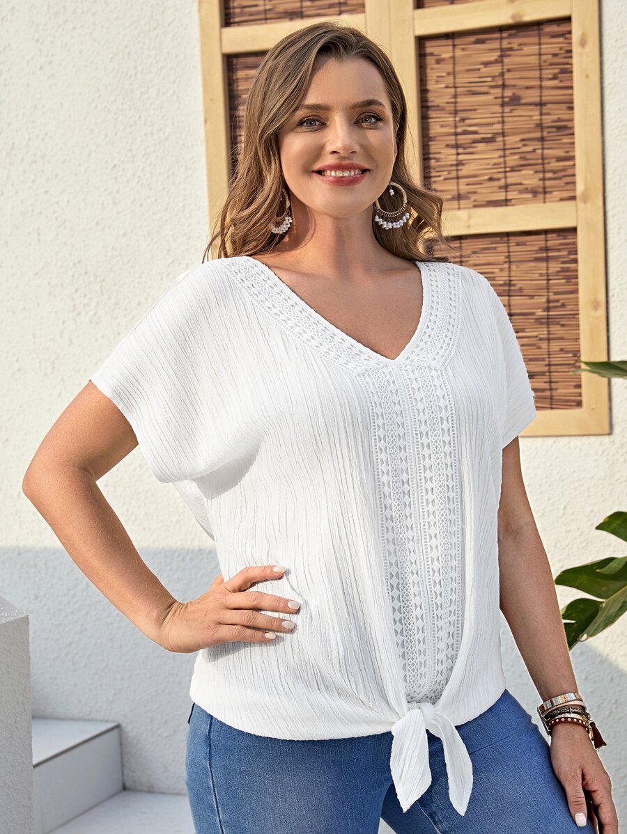 EMERY ROSE Áo sơ mi Plus Size Tương phản ren Thắt nút màu trơn Giải trí - trắng - Xem 1