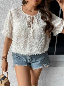 SHEIN LUNE Plus Tie Front Flounce Sleeve Fuzzy Blouse - Apricot - View 8