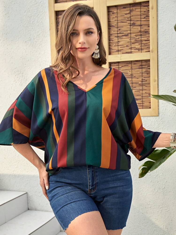 Plus Striped Print Batwing Sleeve Blouse,Flower/Spring/Summer/Vacation