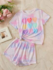 SHEIN Tween女孩扎染心形印花短袖t恤和短褲睡衣套裝 - 彩色 - 查看 1