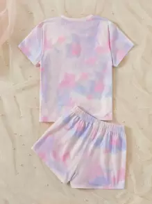 SHEIN Tween女孩扎染心形印花短袖t恤和短褲睡衣套裝 - 彩色 - 查看 2