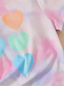 SHEIN Tween女孩扎染心形印花短袖t恤和短褲睡衣套裝 - 彩色 - 查看 3