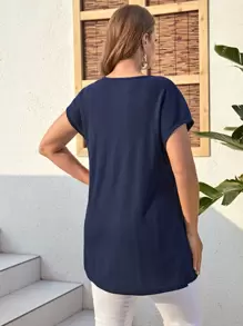 EMERY ROSE Áo thun Plus size Nút Túi màu trơn Giải trí - Màu xanh hải quân - Xem 2