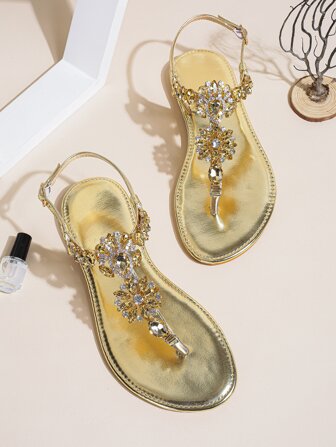 Women Metallic Rhinestone Decor Toe Post Flat Sandals, Glamorous Thong Sandals For Summer