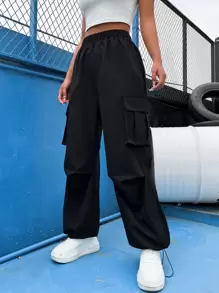 SHEIN Unity Quần nữ Túi màu trơn Giải trí - màu đen - Xem 3