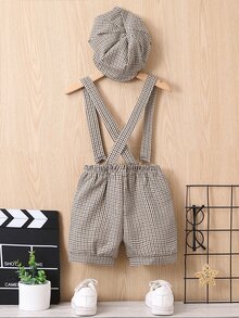SHEIN 小男童格子圖案背帶短褲附帽子
