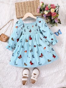 小女童蝴蝶圖案荷葉袖打攬洋裝