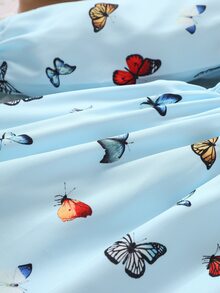 小女童蝴蝶圖案荷葉袖打攬洋裝