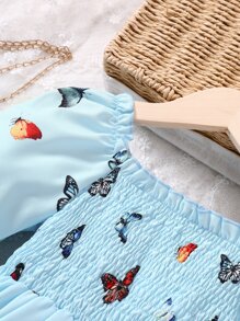 小女童蝴蝶圖案荷葉袖打攬洋裝