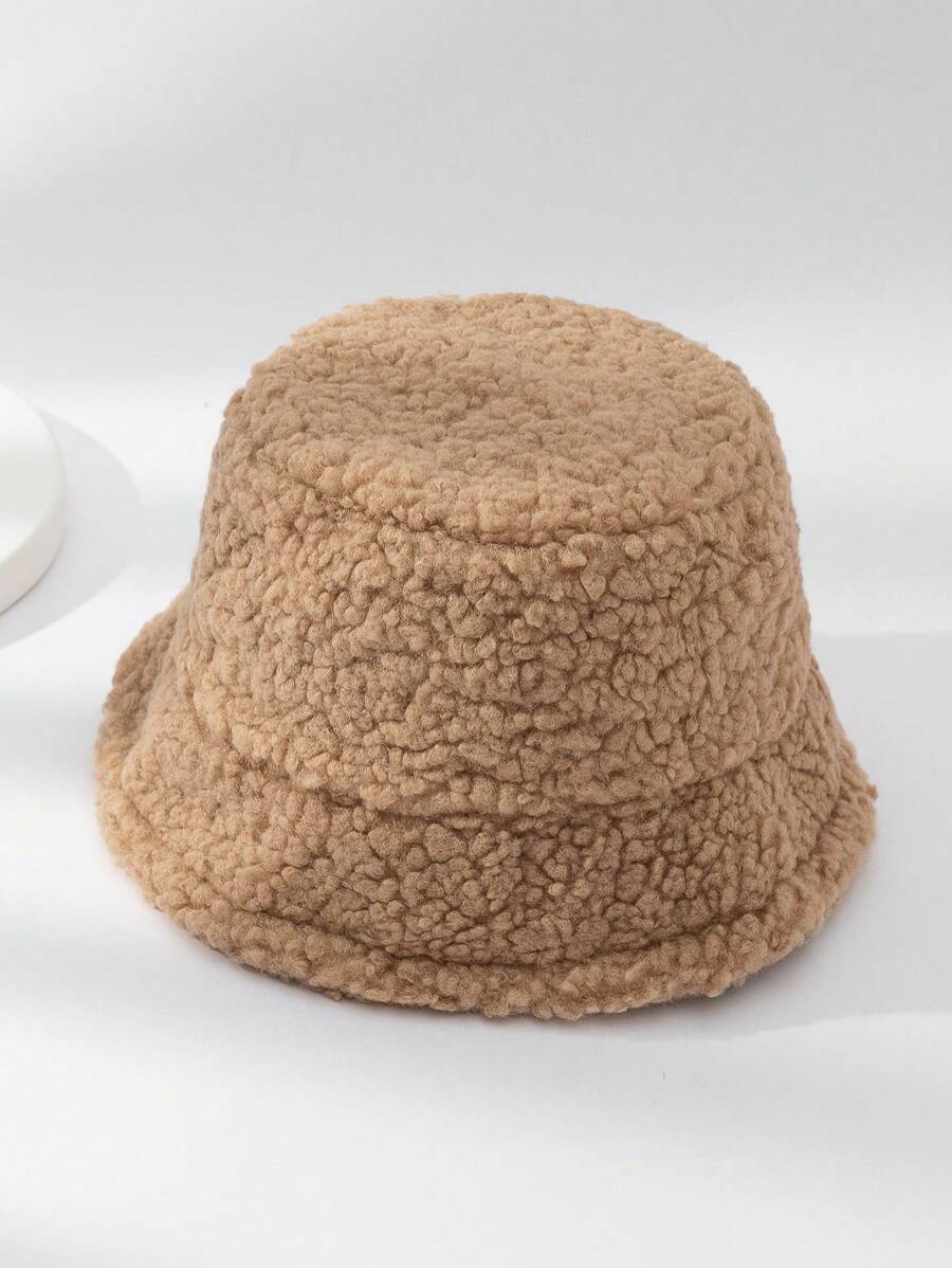 1pc Unisex Solid Casual Fuzzy Bucket Hat - Khaki - View 1