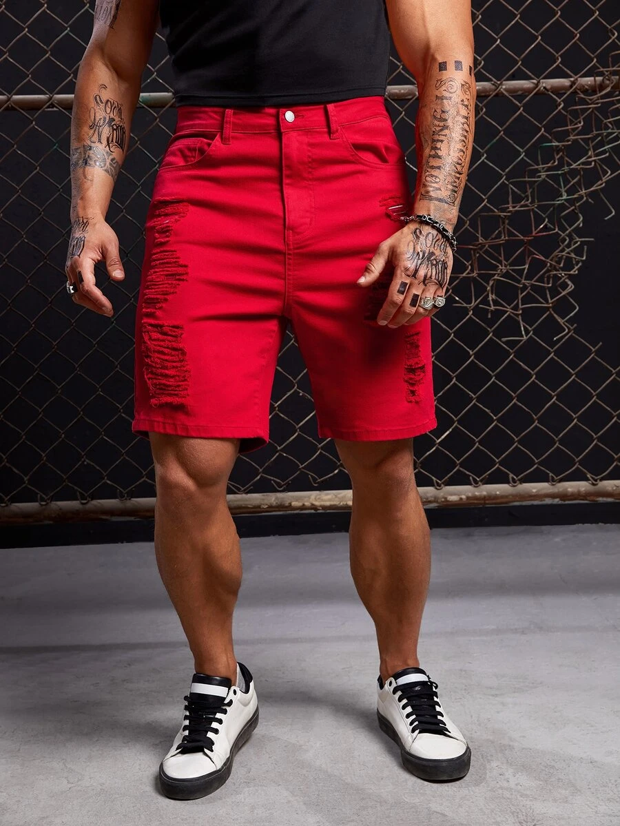 GENTILAND Hombres Shorts mezclilla bermuda desgarro crudo con bolsillo oblicuo - Rojo - Ver 1