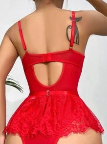 Floral Lace Underwire Garter Lingerie Set With 1pair Stocking Bridallingerie - Red - View 2