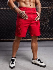 GENTILAND Hombres Shorts mezclilla bermuda desgarro crudo con bolsillo oblicuo - Rojo - Ver 3