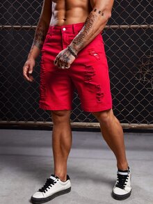 GENTILAND Hombres Shorts mezclilla bermuda desgarro crudo con bolsillo oblicuo - Rojo - Ver 5