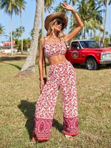 SHEIN VCAY Bộ đồ hai mảnh nữ Thắt nút Hoa Bộ lạc Tất cả trên in Boho - Đỏ và trắng - Xem 7