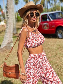 SHEIN VCAY Bộ đồ hai mảnh nữ Thắt nút Hoa Bộ lạc Tất cả trên in Boho - Đỏ và trắng - Xem 3