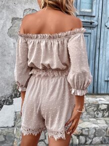 SHEIN VCAY 圓點一字肩褶邊上衣和短褲 - 杏色 - 查看 2