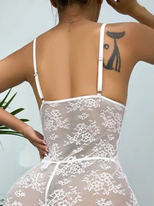 Classic Sexy 花卉蕾絲繫帶吊帶睡裙帶V字串 - 白色 - 查看 2