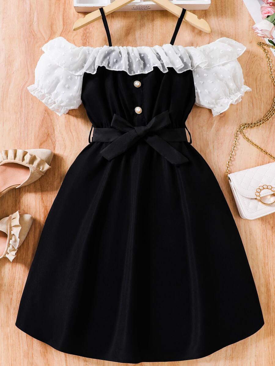 SHEIN Girls Cold Shoulder Swiss Dot Ruffle Trim Dress - Black - View 1