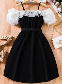 SHEIN Girls Cold Shoulder Swiss Dot Ruffle Trim Dress - Black - View 2