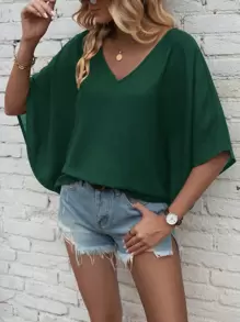 SHEIN LUNE Solid Batwing Sleeve V Neck Blouse - Dark Green - View 1