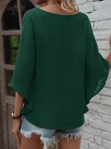 SHEIN LUNE Solid Batwing Sleeve V Neck Blouse - Dark Green - View 2