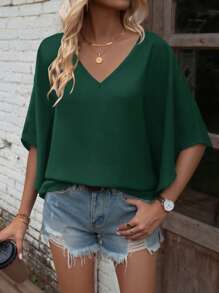 SHEIN LUNE Solid Batwing Sleeve V Neck Blouse - Dark Green - View 5