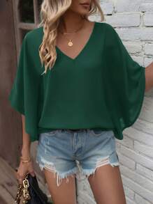 SHEIN LUNE Solid Batwing Sleeve V Neck Blouse - Dark Green - View 6