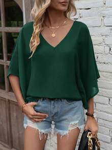 SHEIN LUNE Solid Batwing Sleeve V Neck Blouse - Dark Green - View 7