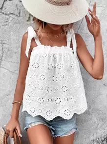 SHEIN VCAY 網眼刺繡貝殼邊吊帶上衣 - 白色 - 查看 1