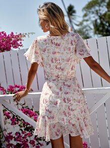 SHEIN VCAY 滿版印花繫腰帶連衣裙 - 粉色 - 查看 2