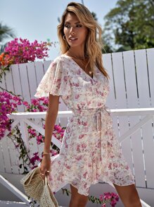 SHEIN VCAY 滿版印花繫腰帶連衣裙 - 粉色 - 查看 5