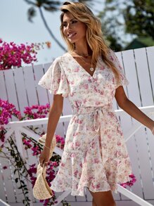 SHEIN VCAY 滿版印花繫腰帶連衣裙 - 粉色 - 查看 3