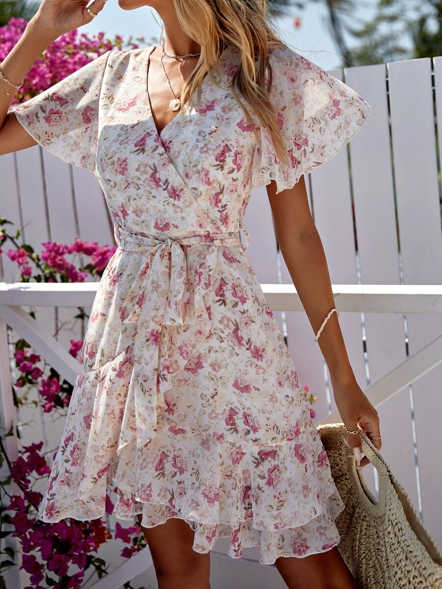 SHEIN VCAY 滿版印花繫腰帶連衣裙 - 粉色 - 查看 1