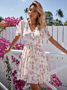 SHEIN VCAY 滿版印花繫腰帶連衣裙 - 粉色 - 查看 6