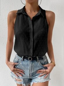 RosyDaze Swiss Dot Button Front Shirt Bodysuit - Black - View 3