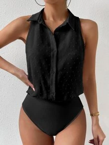 RosyDaze Swiss Dot Button Front Shirt Bodysuit - Black - View 4