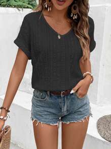 Breezaya 素色蝙蝠袖V領T恤 - 黑色 - 查看 4