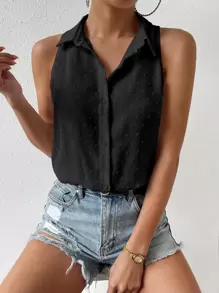 RosyDaze Swiss Dot Button Front Shirt Bodysuit - Black - View 5