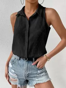 RosyDaze Swiss Dot Button Front Shirt Bodysuit - Black - View 6