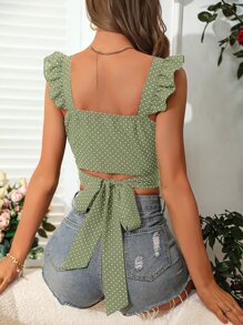 SHEIN Privé Top crop con estampado de lunares ribete con fruncido de espalda abierta con cordón - Verde militar - Ver 2