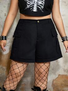 ROMWE Grunge Punk Plus Flap Pocket Side Cargo Shorts - Black - View 5