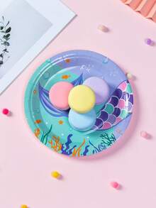 20pcs/set Paper Disposable Plate, Cartoon Mermaid Tail Pattern Disposable Dinner Plate For Party - Multicolor - View 3