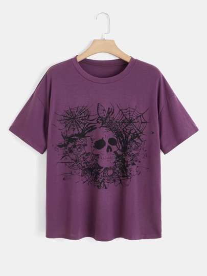 Skull & Floral Print Drop Shoulder Tee