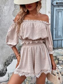 SHEIN VCAY 圓點一字肩褶邊上衣和短褲 - 杏色 - 查看 1